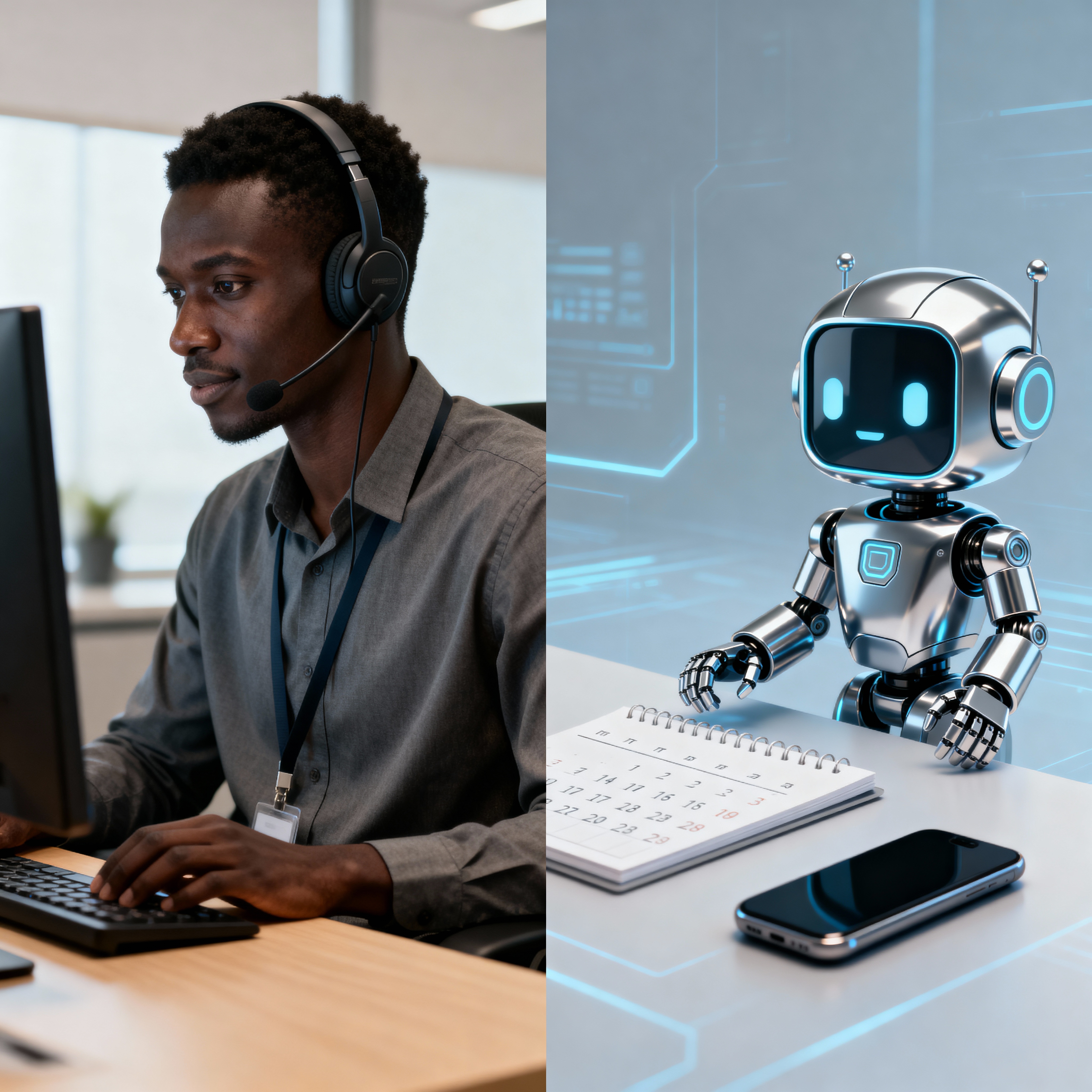 A comparison graphic showing a traditional human answering service on one side and a modern AI receptionist on the other.