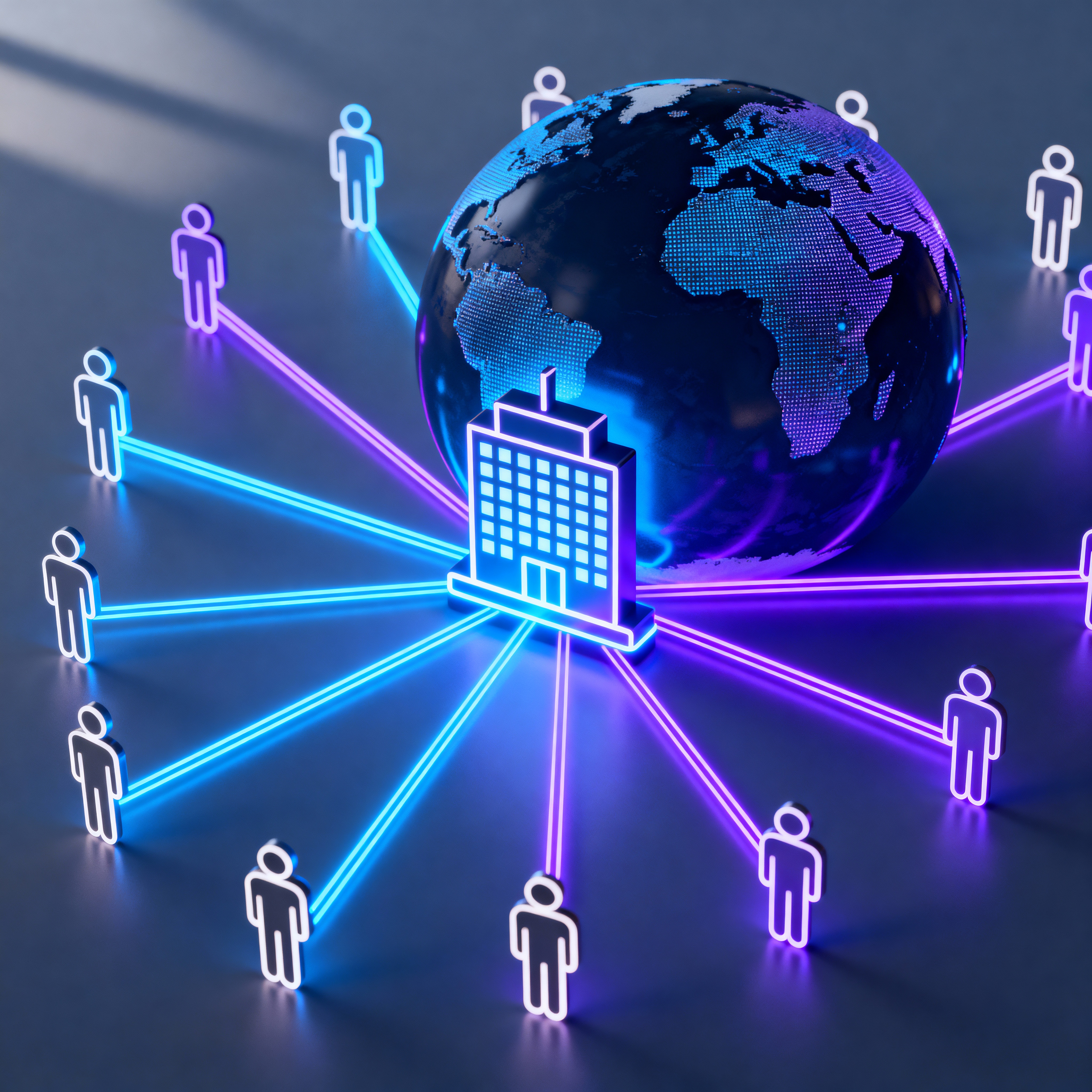 An abstract graphic representing the global, 24/7 transformation of customer communication powered by AI answering services.