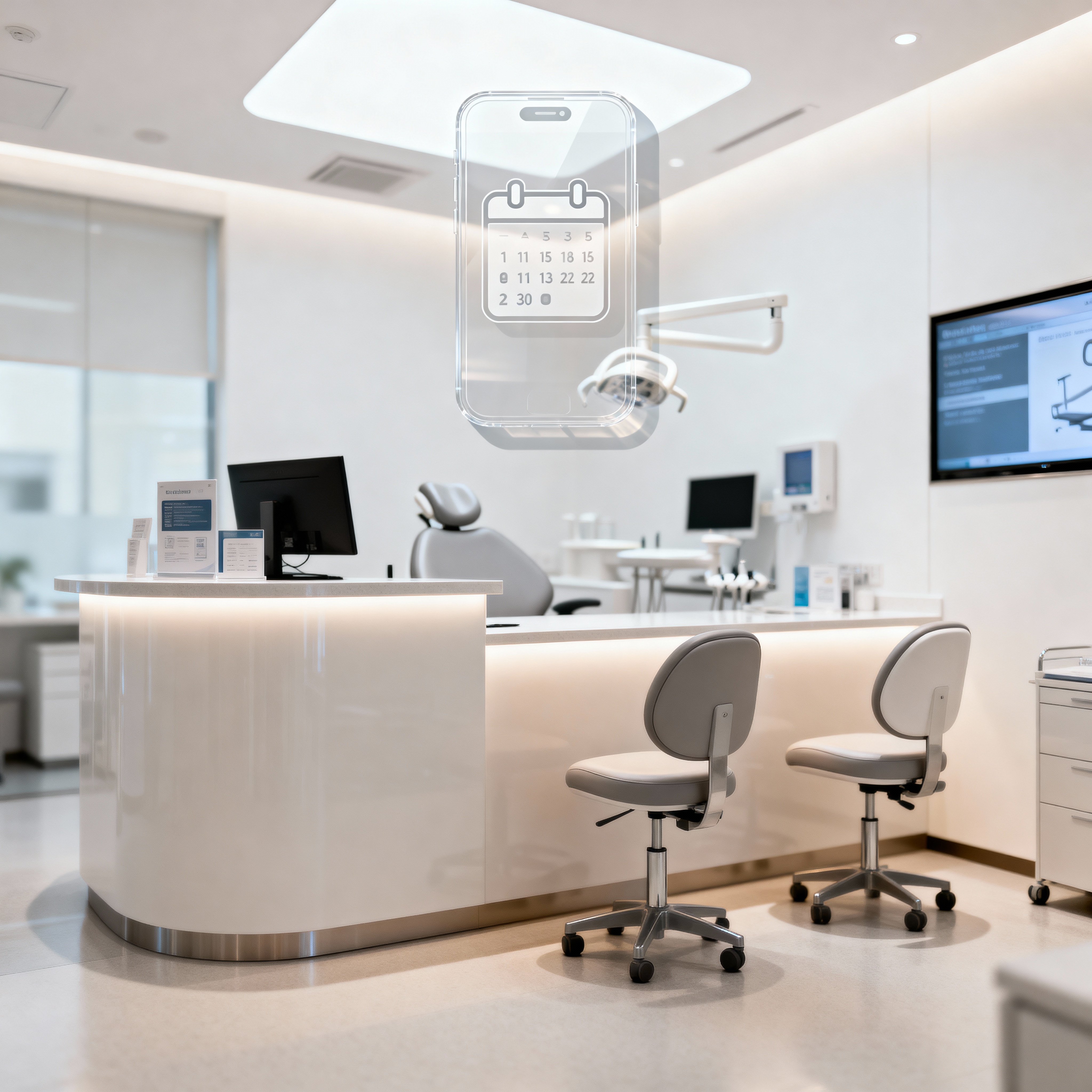 A modern dental office reception area, illustrating the need for an efficient AI receptionist to manage patient calls and book appointments.