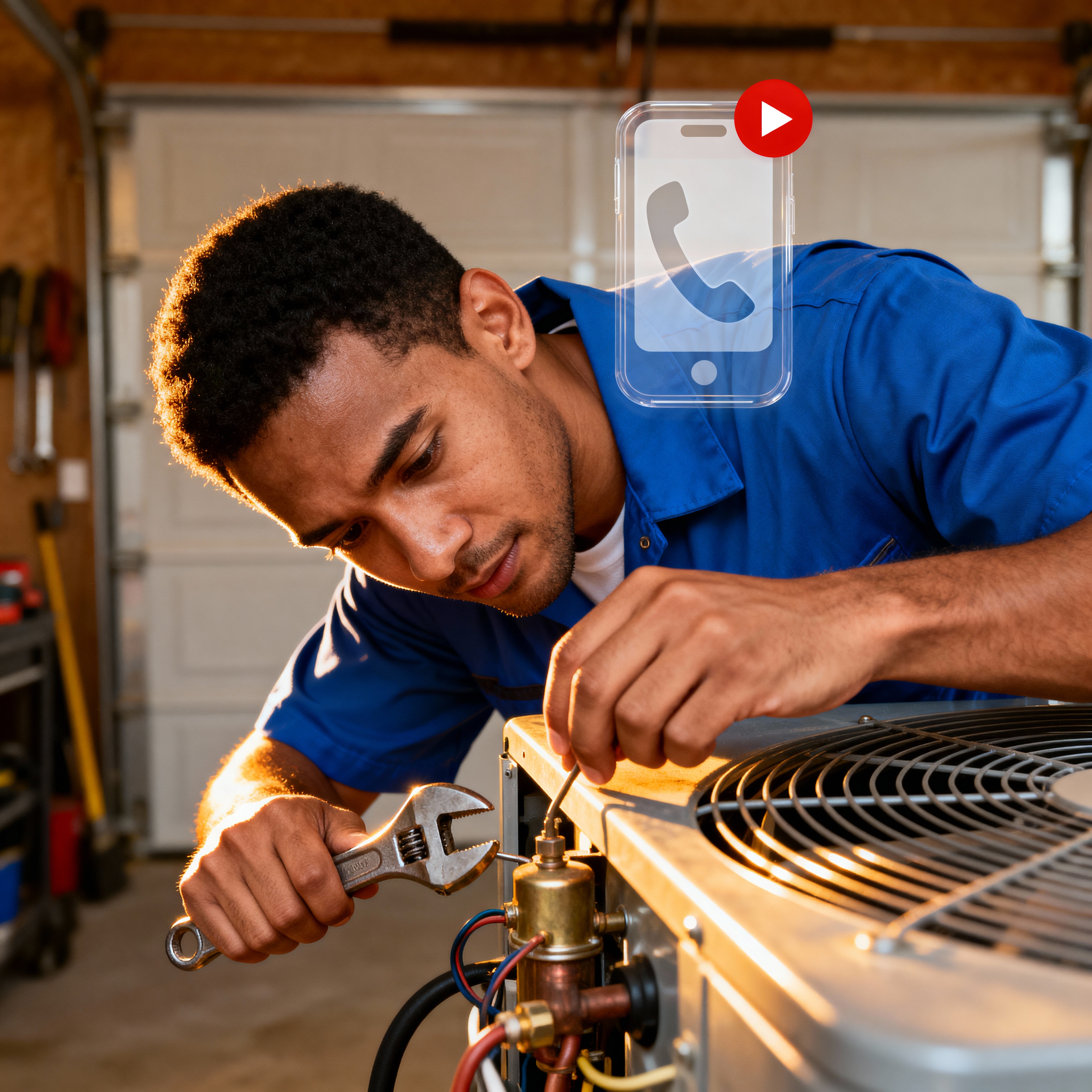An HVAC technician on the job, illustrating the problem of missed calls for a busy home service business.