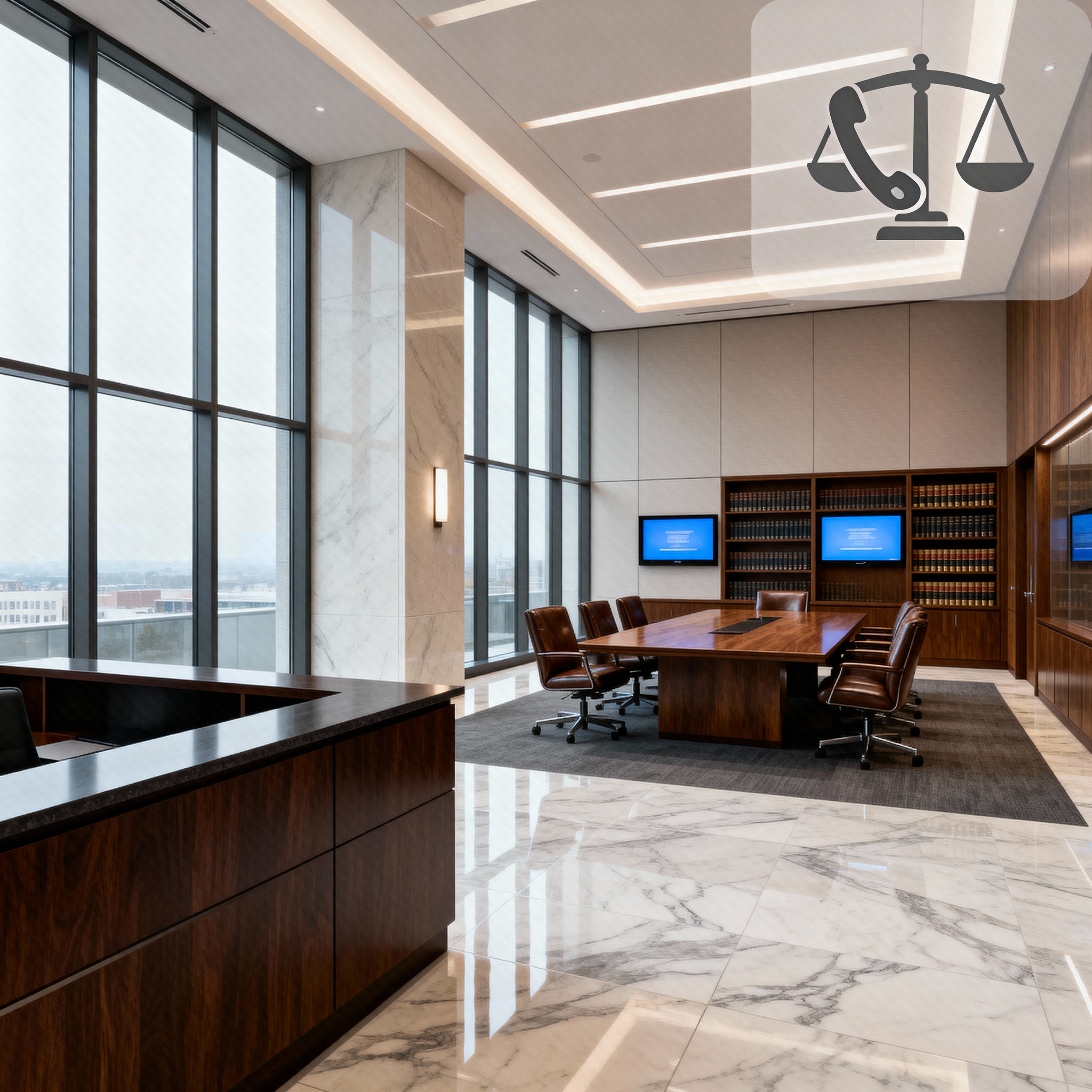 A modern law firm office, symbolizing the need for a professional AI receptionist to handle client intake and scheduling.